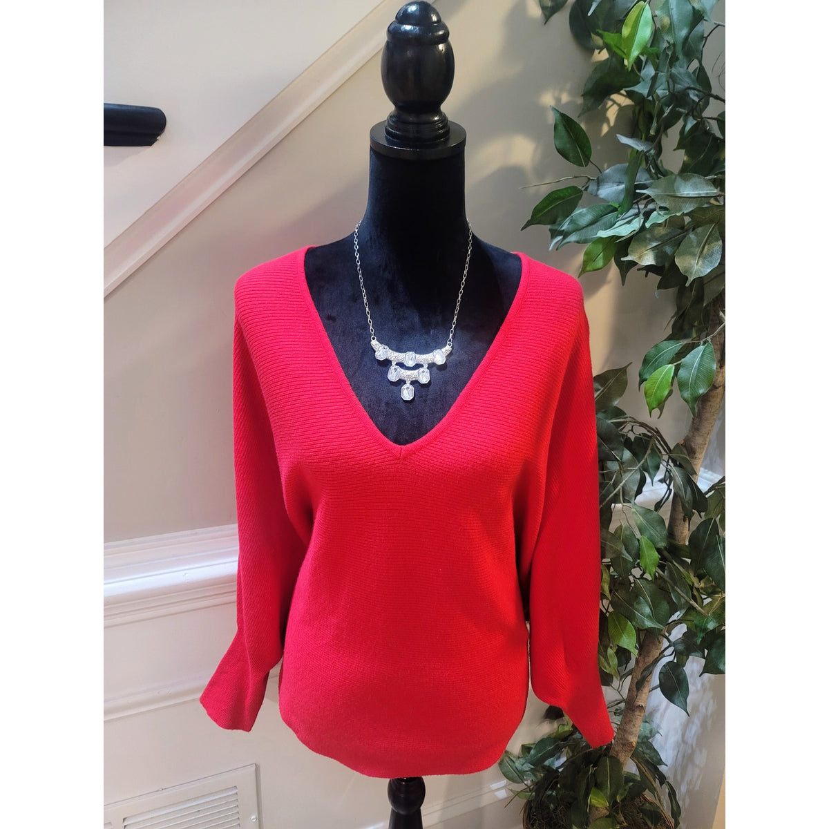 Kerisma Gwyneth Sweater Women SZ S/M Red Ribbed Deep V-Neck Batwing Sleeve