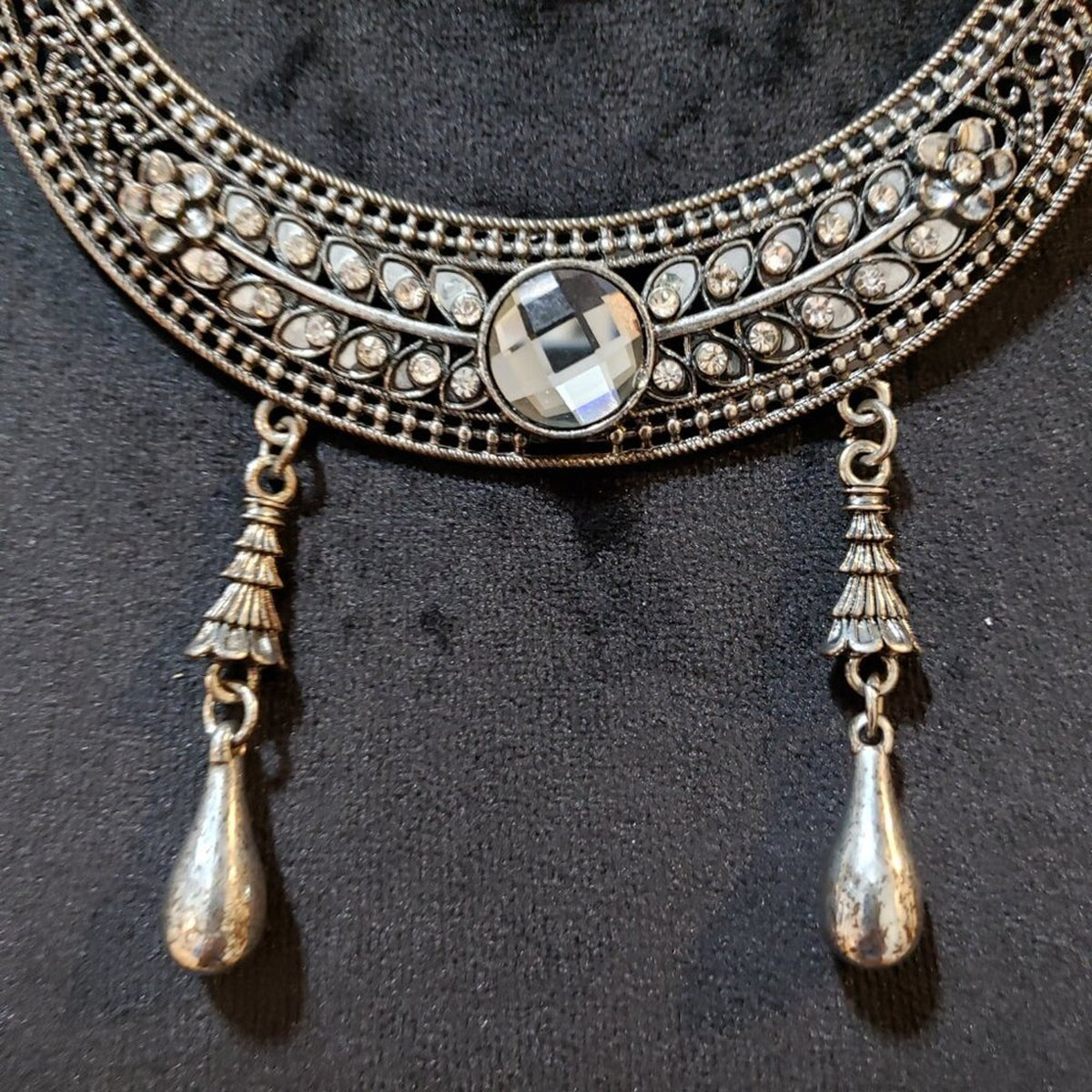 Womens Rhinestone Moon Shape Silver Tone Statement Necklace with Lobster Clasp
