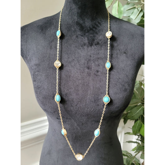 Women's Gold Chain Necklace With Turquoise And Crystal Stones Lobster Clasp Lock