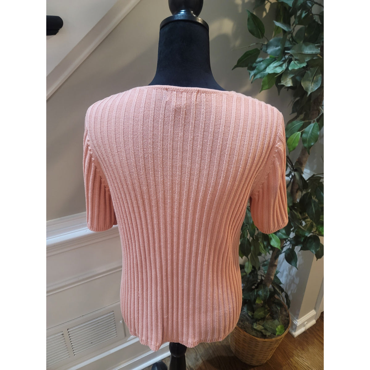 Van Heusen Cardigan Sweater Women Large Peach Ribbed Knit Button Up Short Sleeve