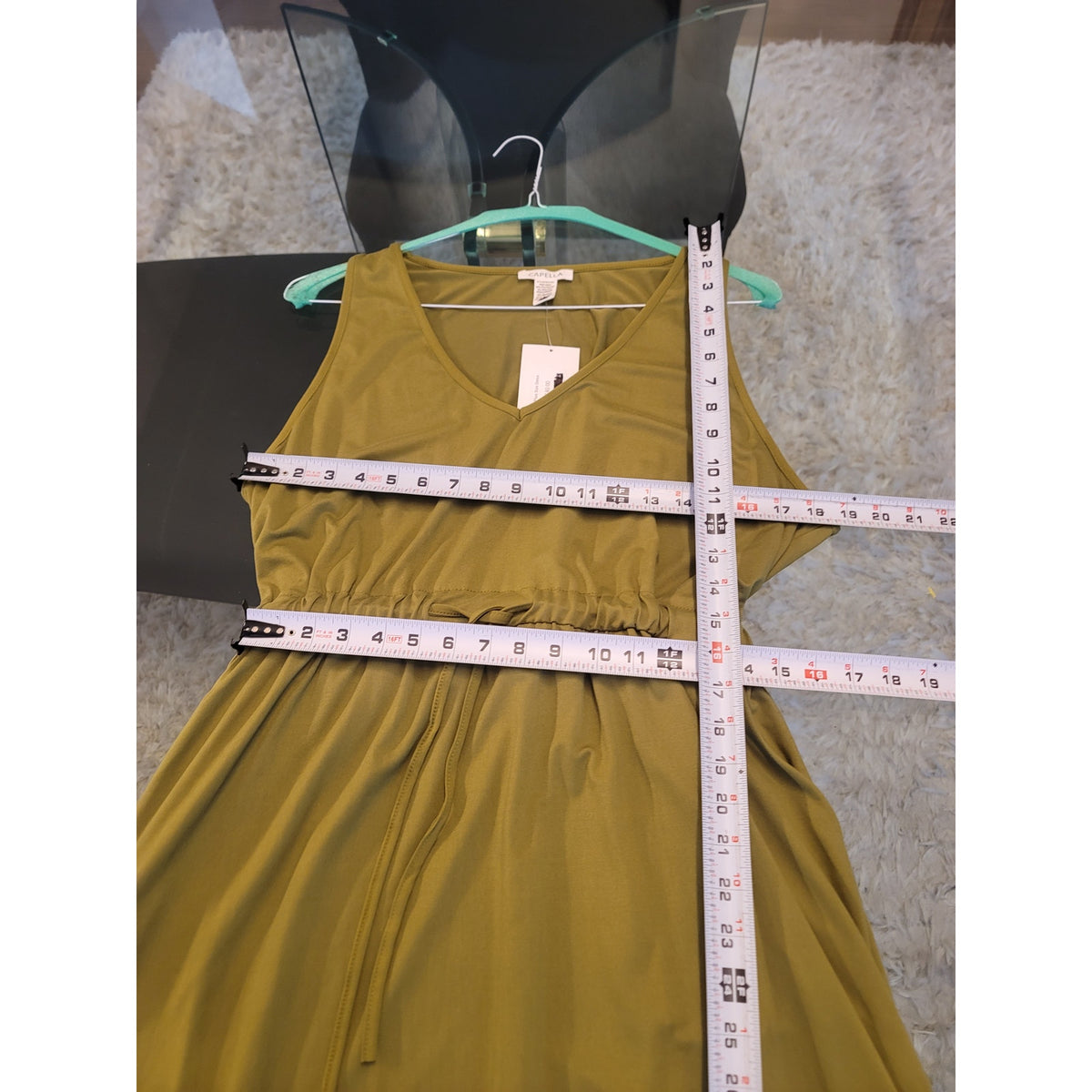 Capella Midi Dress Women Large Green V-Neck Cinched Drawstring Waist Curved Hem