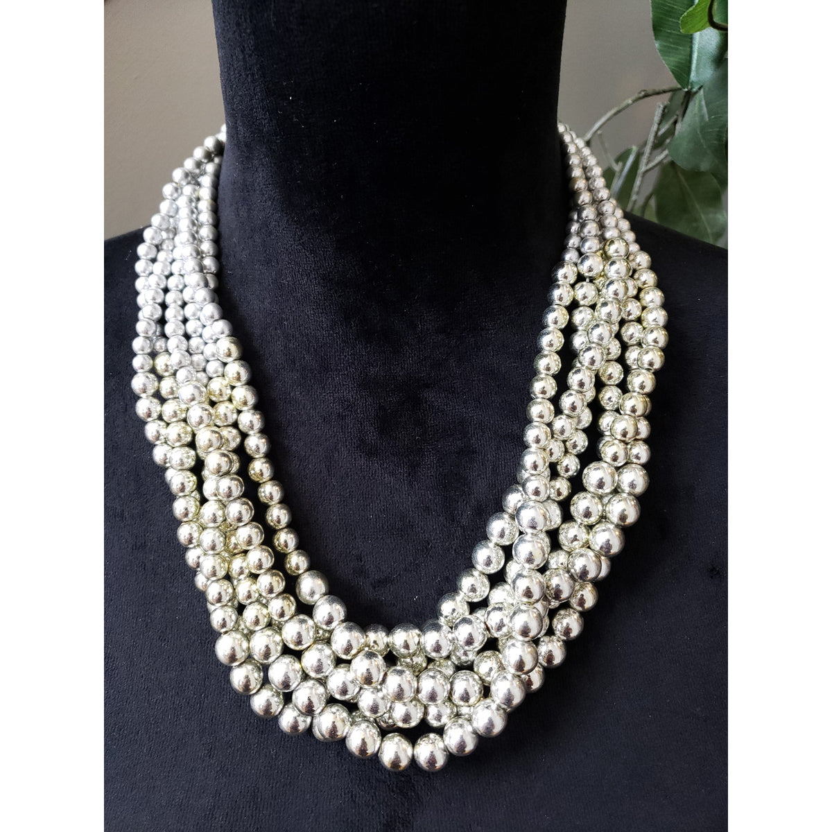 Women's Silver Multi-Strand Beaded Necklace Statement Lobster Clasp Layered