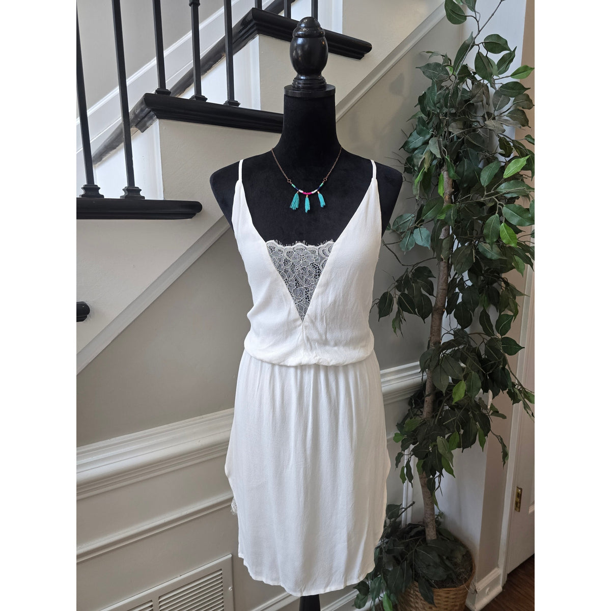 Slip Dress Women's Large White Crochet Open Strappy Back Side Slit Sleeveless
