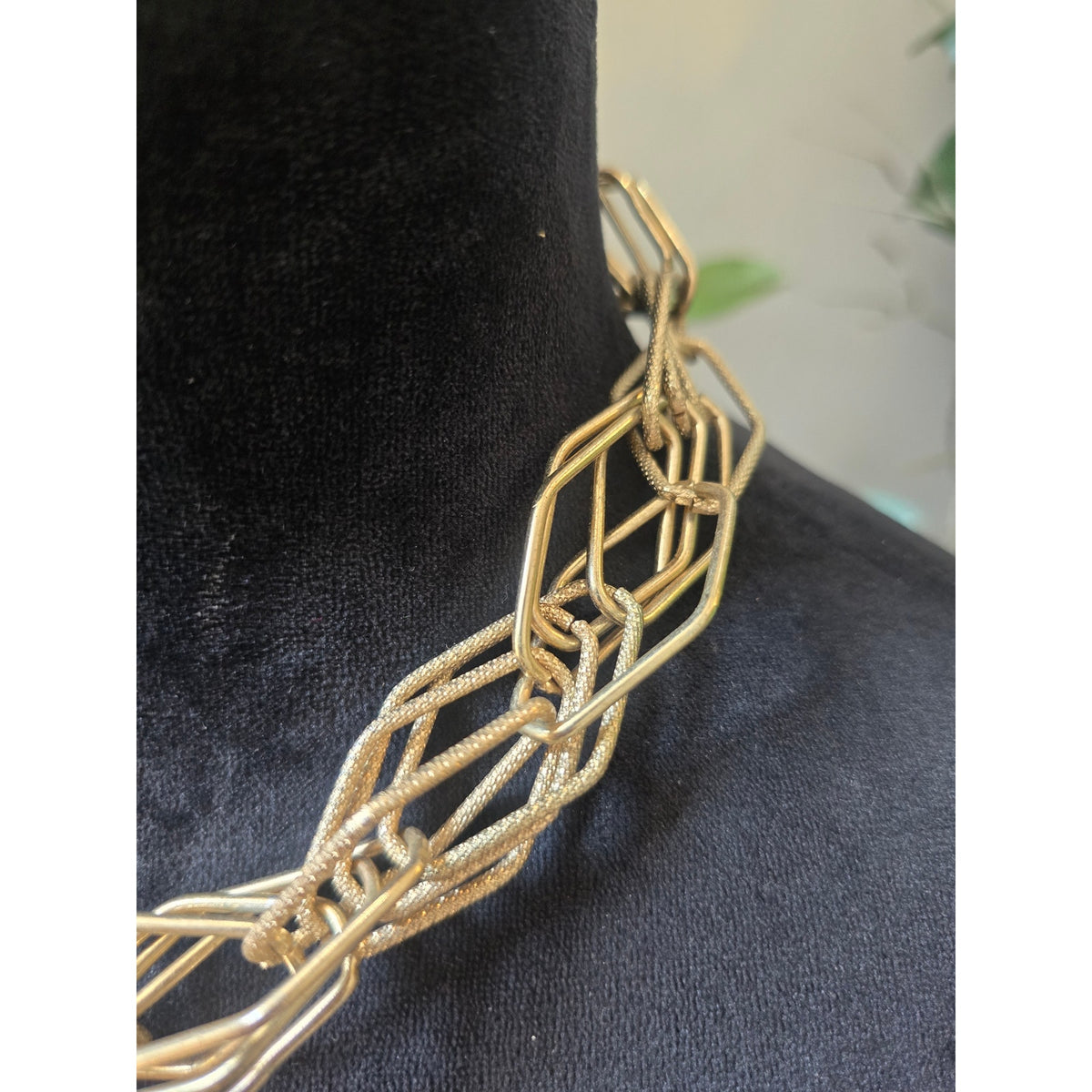 Gold Tone Chunky Geometric Multi Strand Chain Statement Necklace