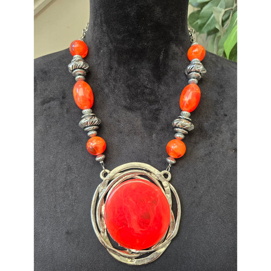Womens Medallion Pendant Chunky Boho Metal Spacers Red Beaded Statement Necklace