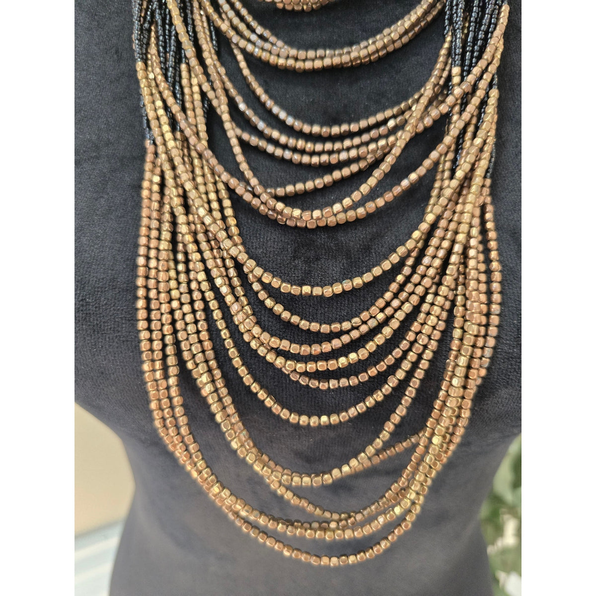 Black & Bronze Multi Strand Beaded Layered Statement Necklace