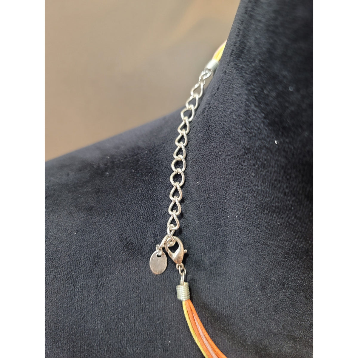 Women Statement Necklace w Earring Set Orange Geometric Pendant Multistrand Cord