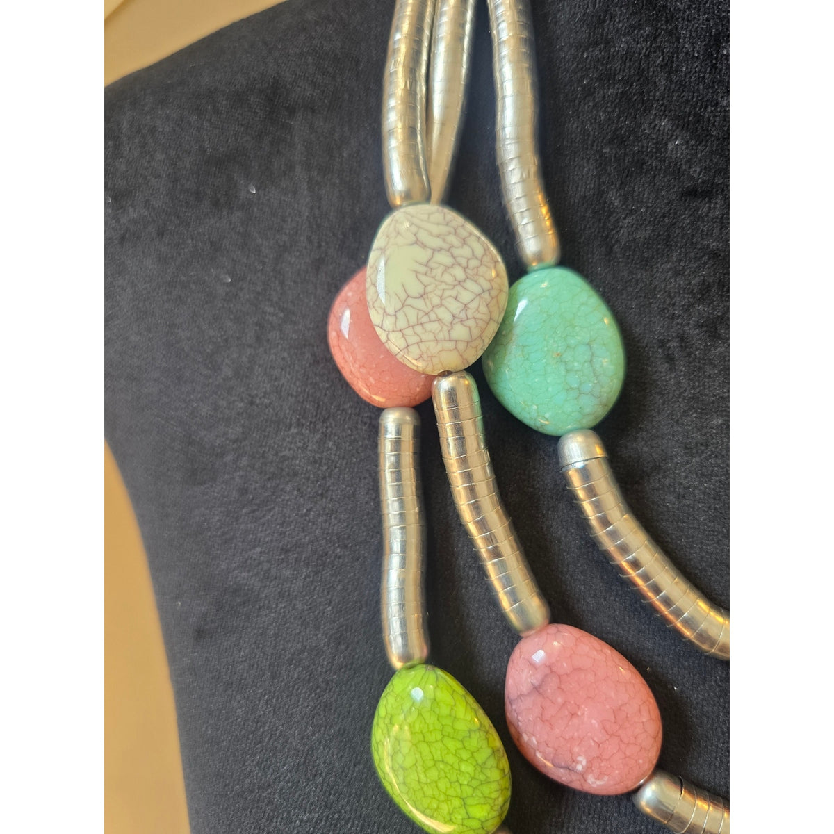 Multicolor Oval Stone Multi Strand Statement Necklace