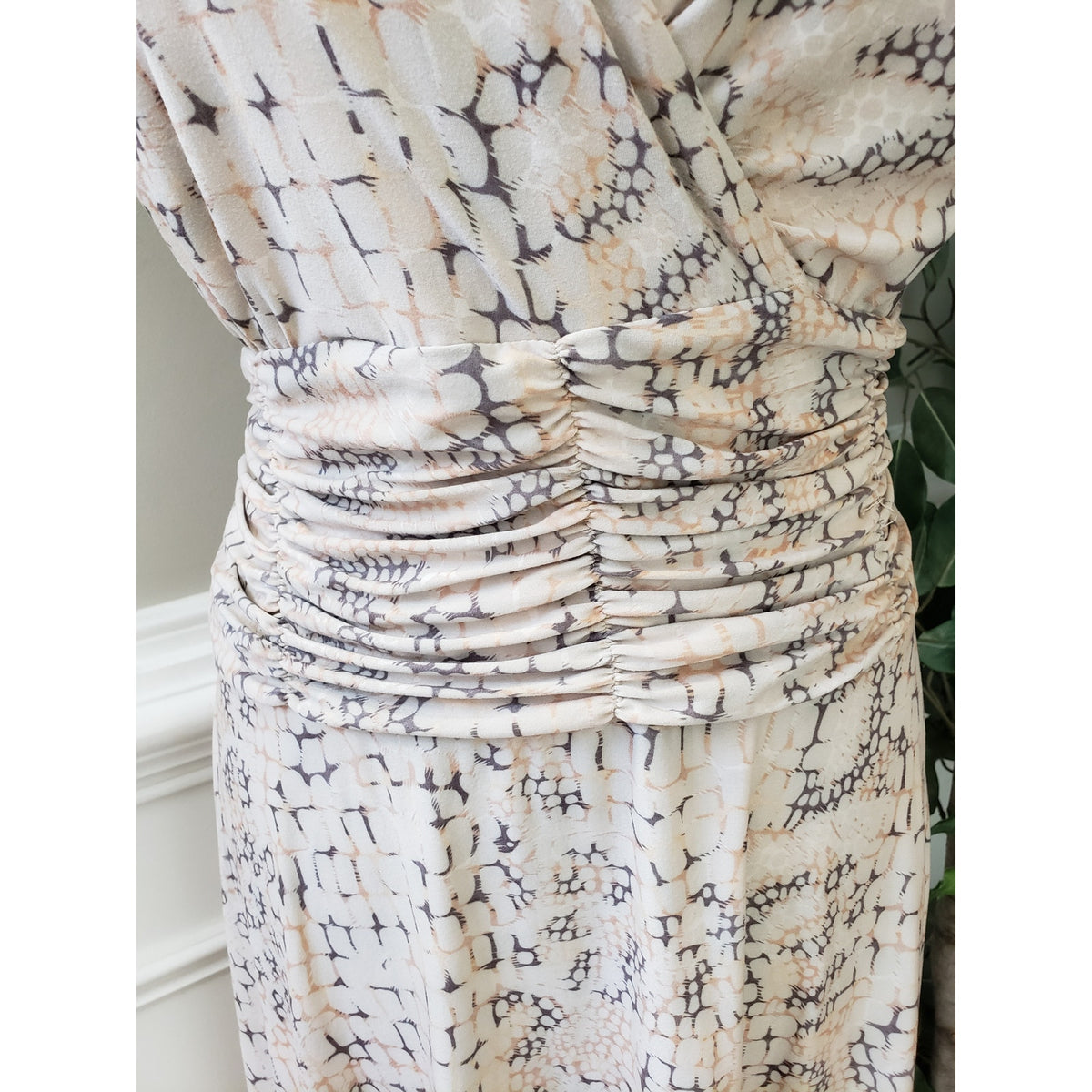 AA Studio AA Shift Dress Women 18W Beige Wrap V Neck Empire Waist Tie Shoulder