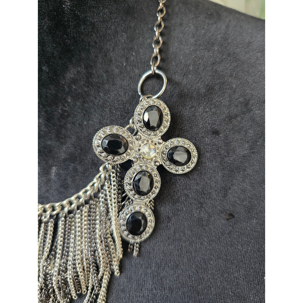 Antique Silver Chain Fringe Statement Necklace
