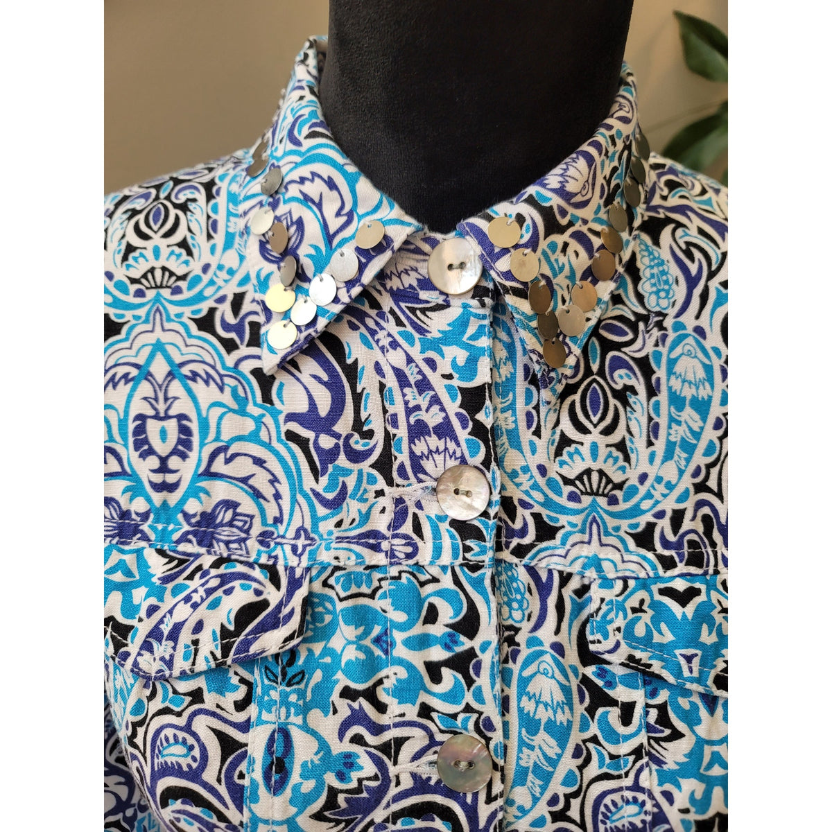 Ruby Rd. Cropped Jacket Womens SZ 10P Blue/White Paisley Button Front 3/4 Sleeve
