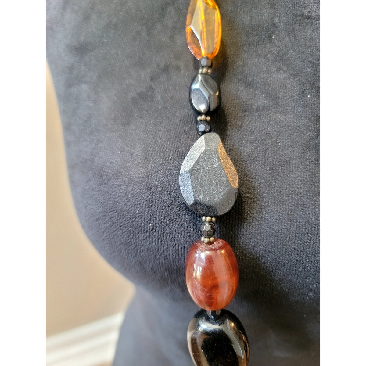 Artisan Mixed Bead Statement Necklace Black Amber Brown Gold Tone Boho Chic