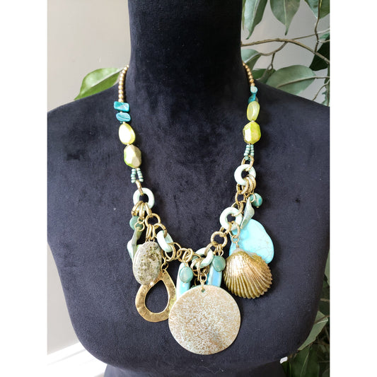 Chico's Womens Chunky Beaded Turquoise Sea Life Motif Charm Bib Necklace Jewelry