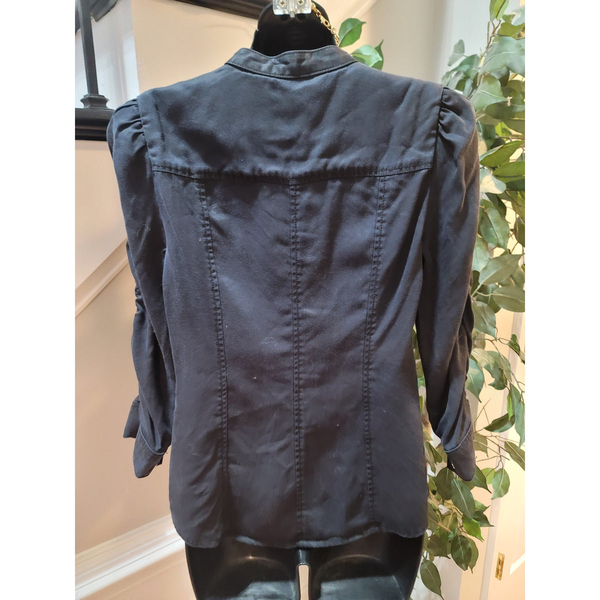 White House Black Market Shirt X-Small Black Band Collar Puff Shoulder Button-Up