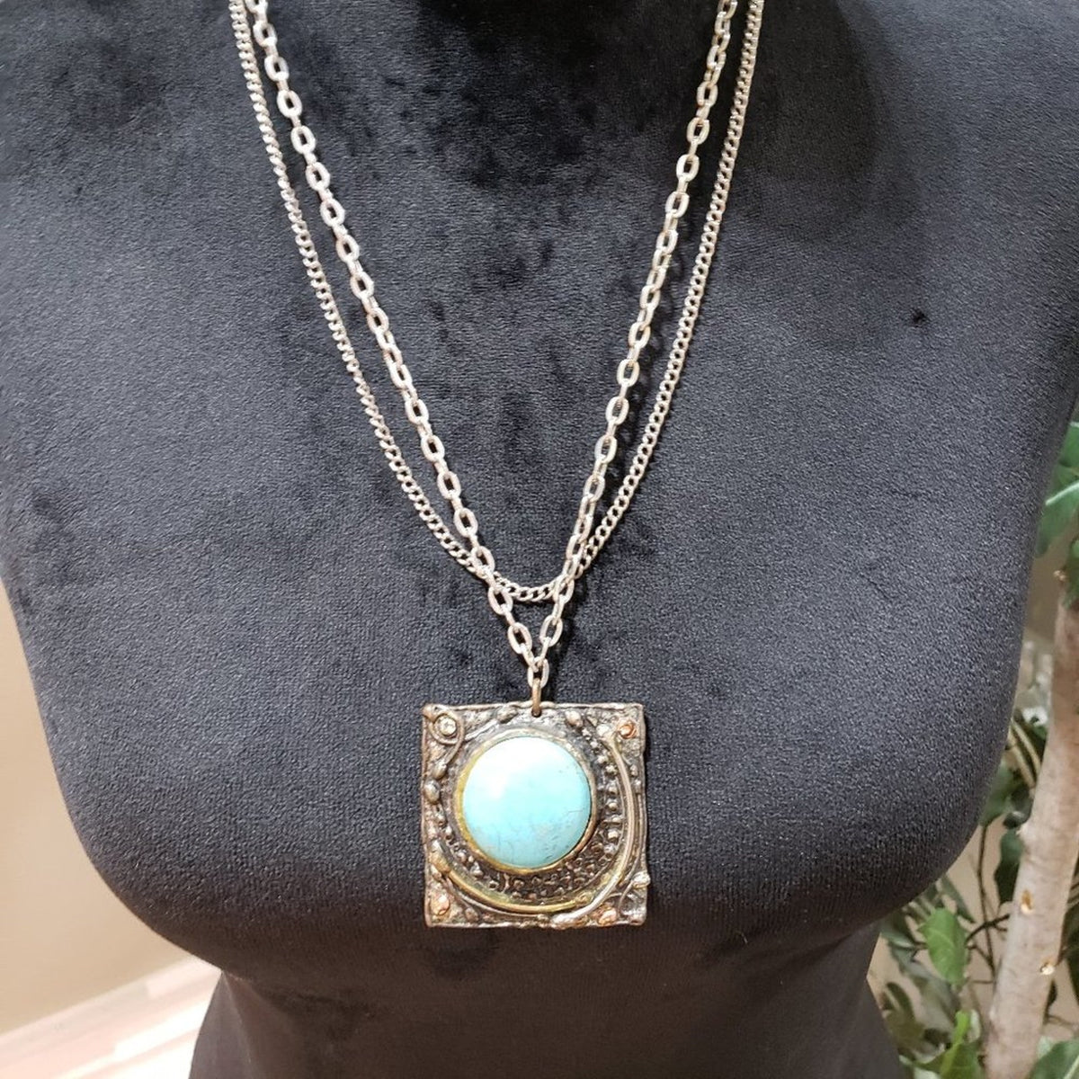 Vintage Silver Chain Brooch Pendant Fringe Pearl Turquoise Necklace
