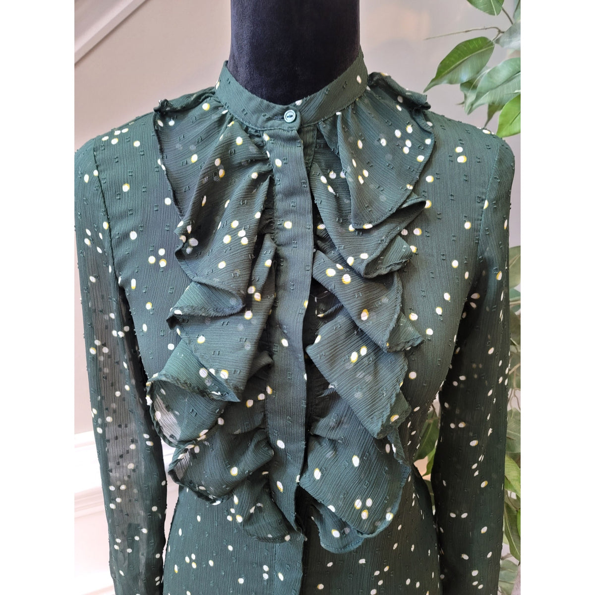 H&M Blouse Green Polka Dot Sheer Ruffle Band Collar Long Sleeve Small Button-Up