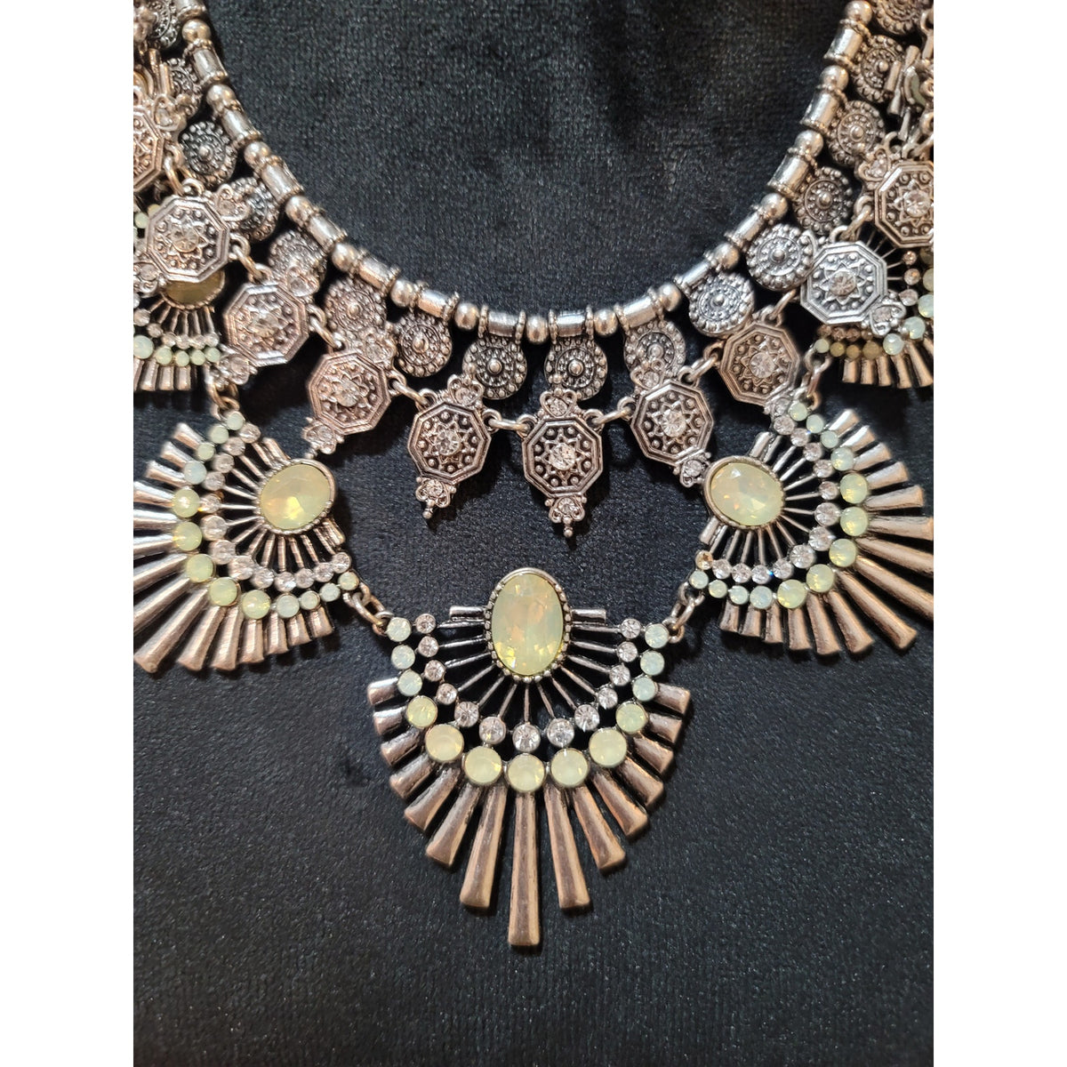 Women's Silver Tone Statement Bib Necklace With Opal Stones Lobster Clasp