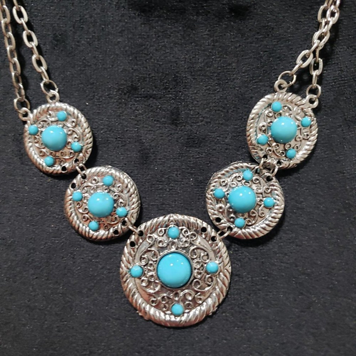 Womens Boho Style Faux Turquoise Stone Marcasite Medallions Statement Necklace