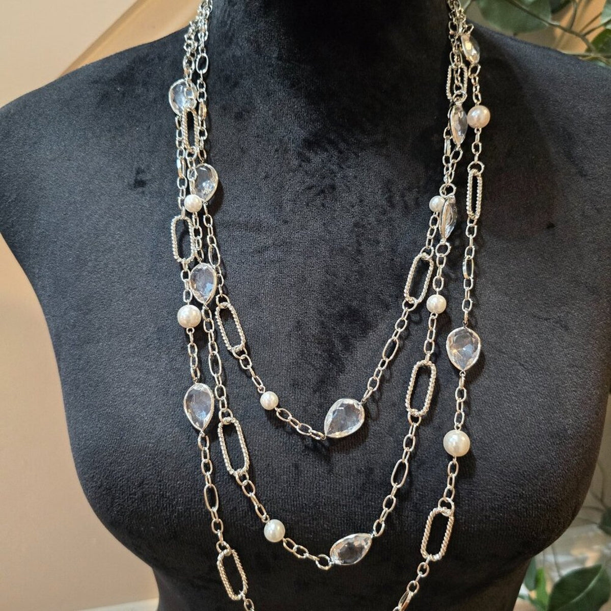 Women Fashion Silver White 3-Layer Chain Beaded Long Necklace with Lobster Clasp