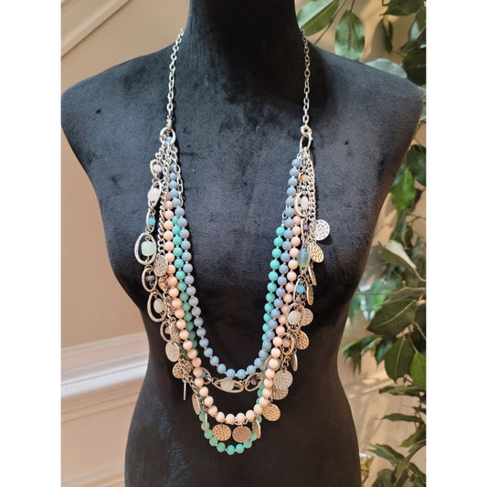 Womens Multi Layer Beaded Charm Necklace Toggle Lock Pastel Blue And Green Beads