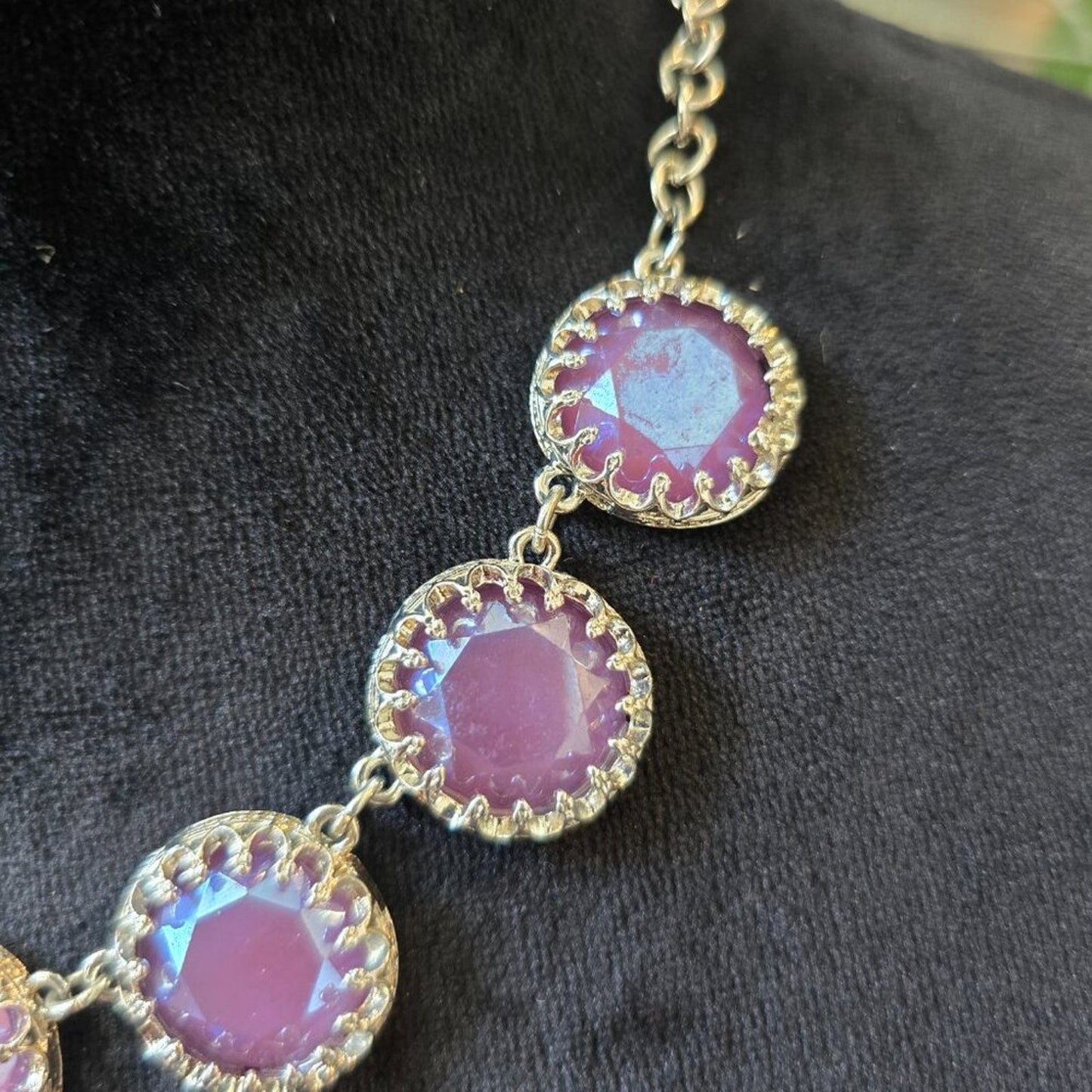 Women Pink Shiny Crystal Statement Silver Tone Chain Necklace with Lobster Clasp