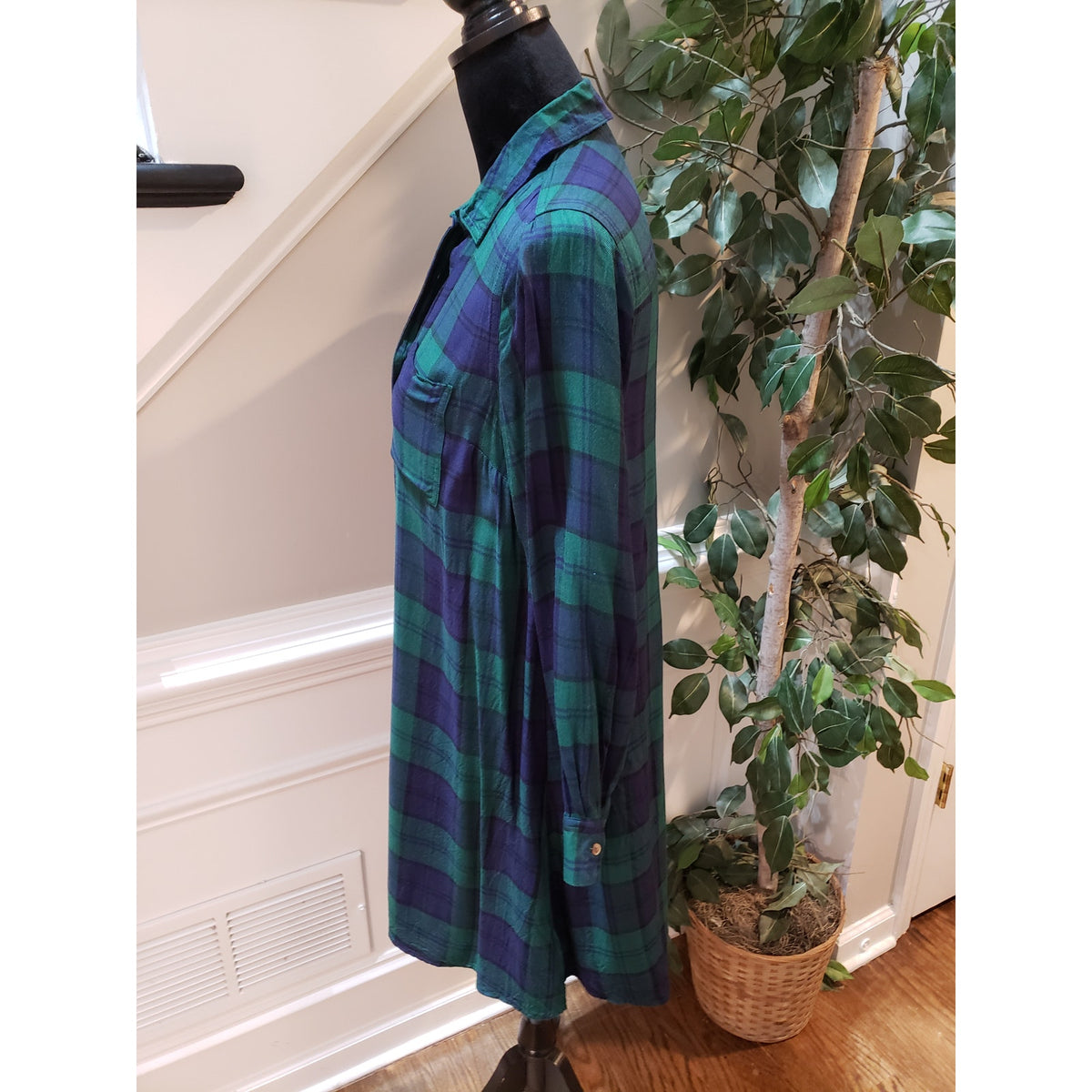 Old Navy Shirt Dress Womens S Green Plaid Casual Long Sleeve Collar Button Down