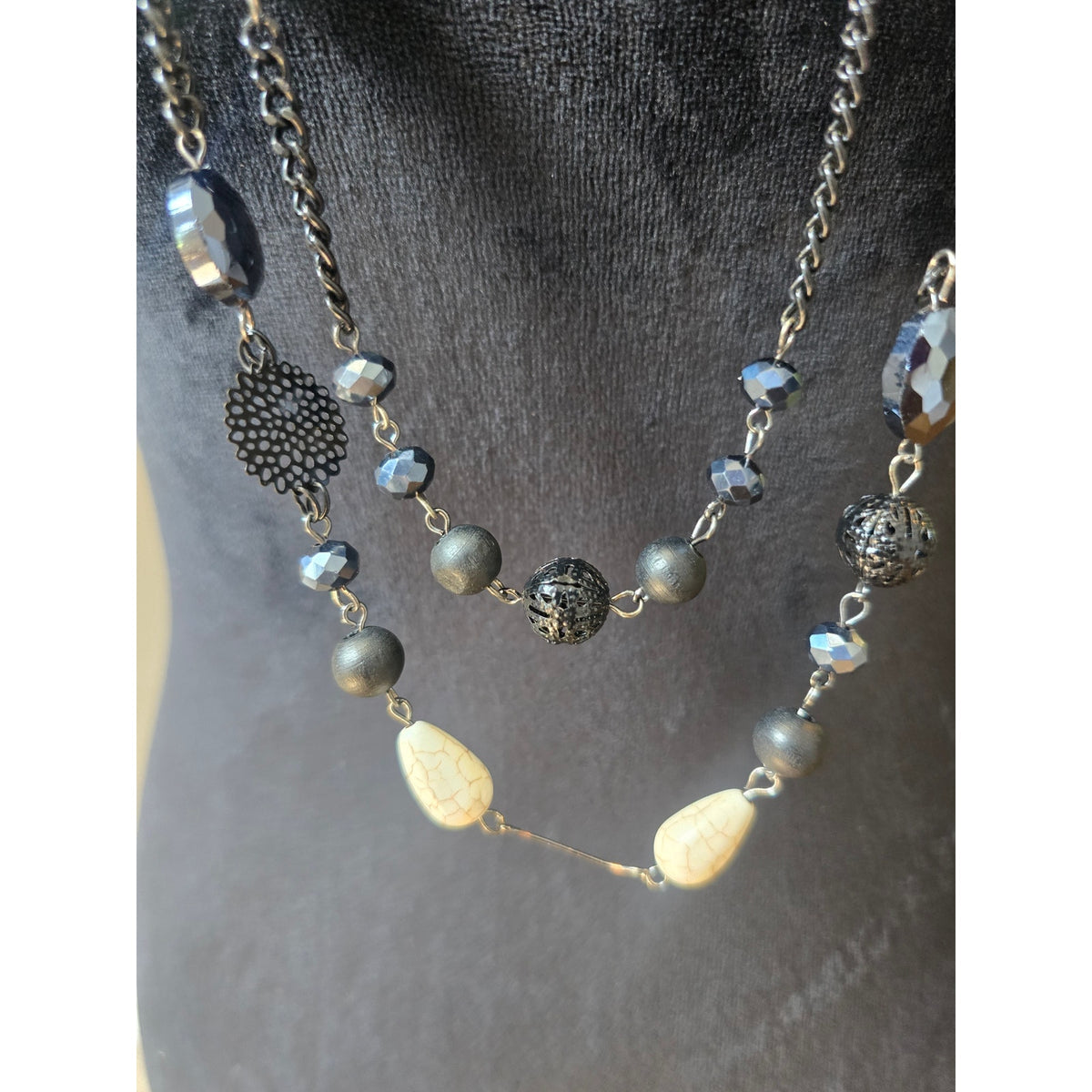 Bocar Black Cream Multi Strand Beaded Long Statement Necklace
