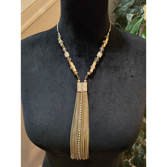 INC Women's Gold Tone Tassel Necklace Rhinestone Pendant Long Chain Statement