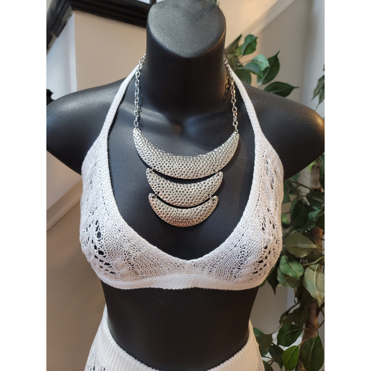 Crochet 2 Piece Set Womens Small White Open Back Halter Bikini Top Cover Up Pant