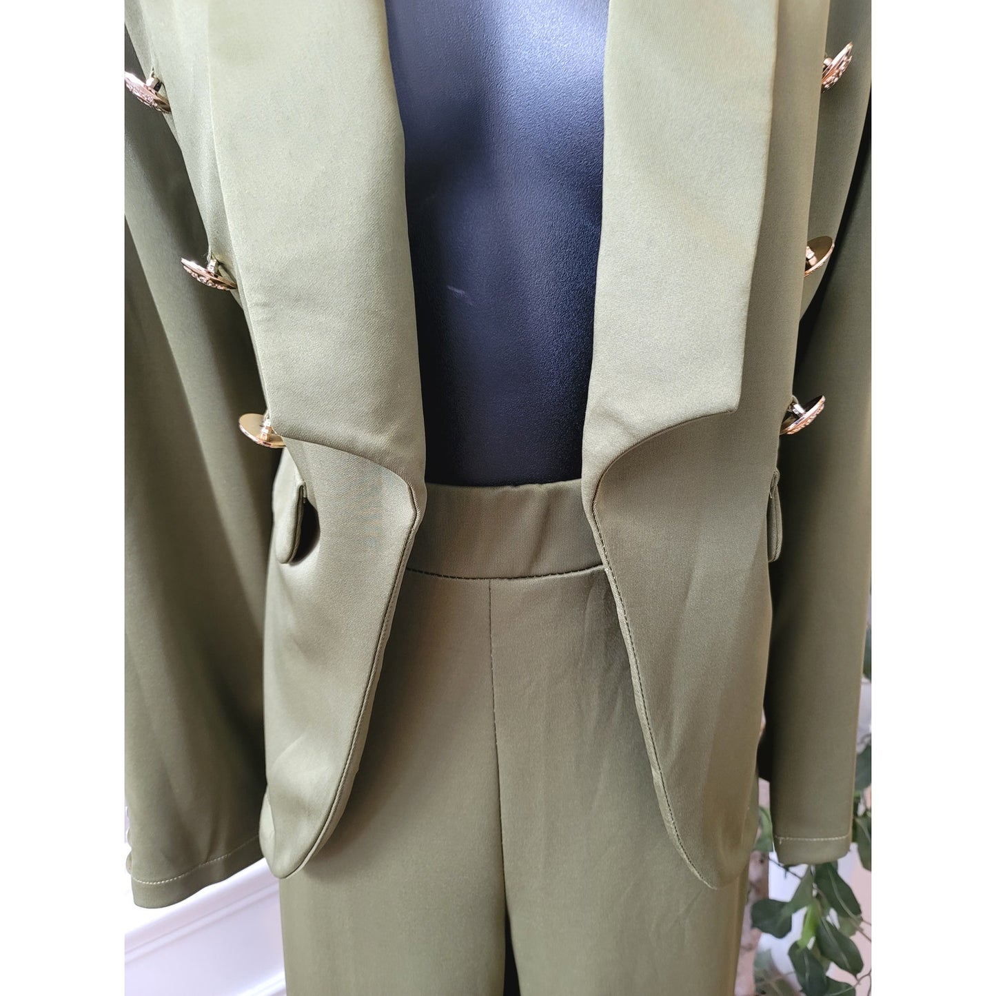 Women's 2 Piece Suit Size L Green Solid Long Sleeve Double Breasted Open Front