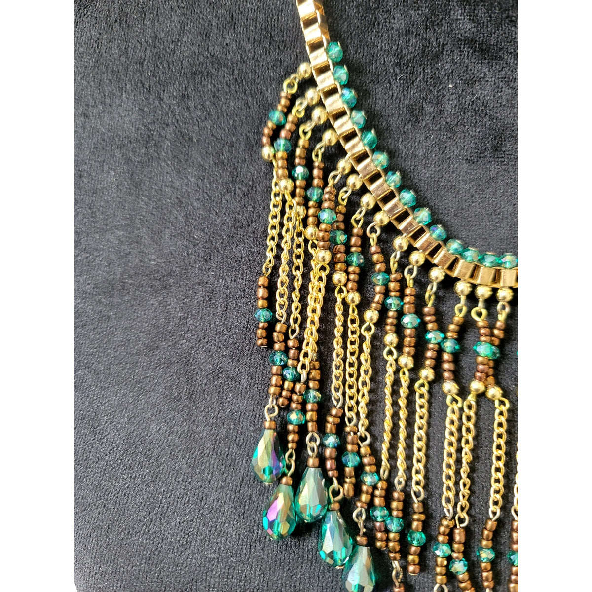 Turquoise Beaded Fringe Statement Necklace Gold Tone Boho