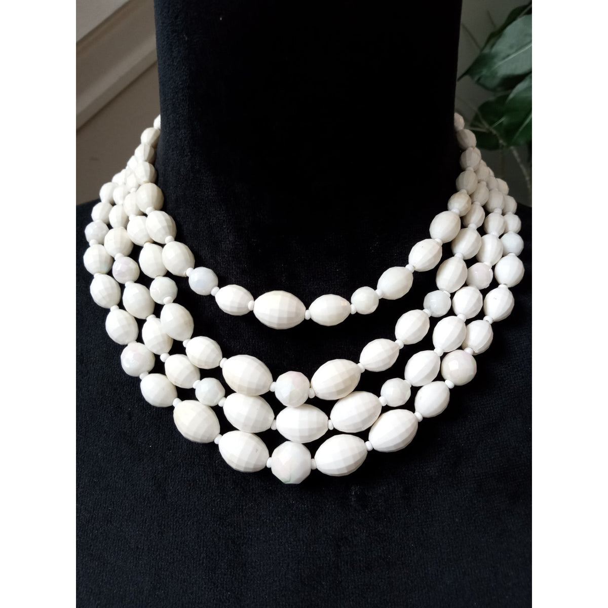 Vintage White Multi Strand Faux Pearls Bib Necklace Layered Statement Necklace