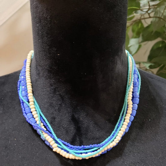 Womens Fashion Seed Bead Lapislazuli Multi Strand Collar Necklace Lobster Clasp