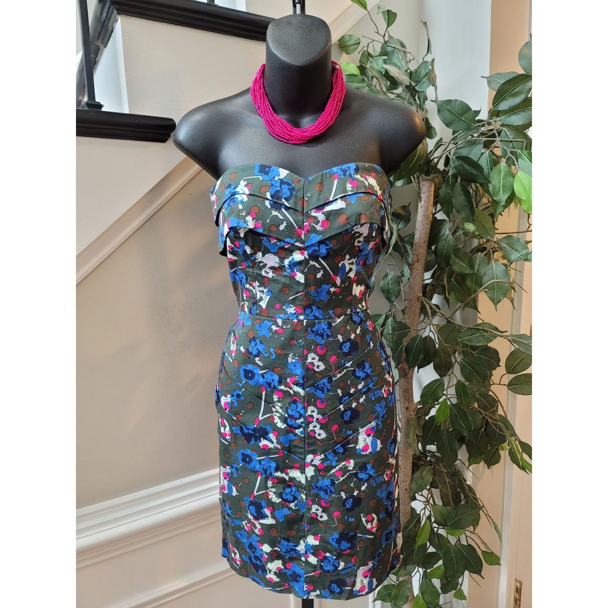 Rachel Rachel Roy Strapless Dress Women's Size 4 Green Floral Fitted Sleeveless