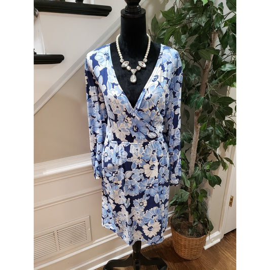 Old Navy Women's Blue Floral Wrap V-Neck Long Sleeve Knee Length Dress Size XL