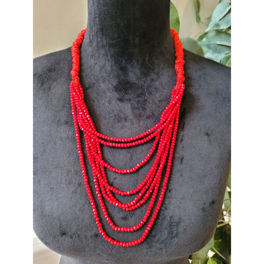 Women's Red Multi Layer Beaded Necklace With Gold Lobster Clasp Handmade Jewelry