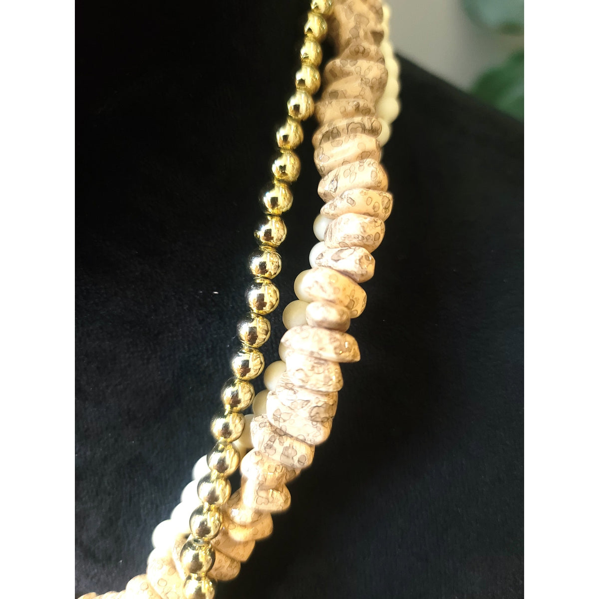 Women's Cream Gold Beaded Necklace Lobster Clasp Triple Strand Layered Jewelry