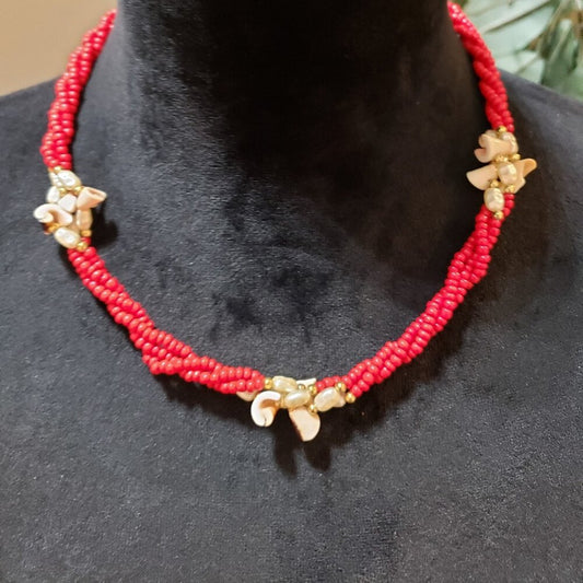 Womens Red Coral and Sea Turtles Statement Multi Strand Necklace w/ Berral Clasp