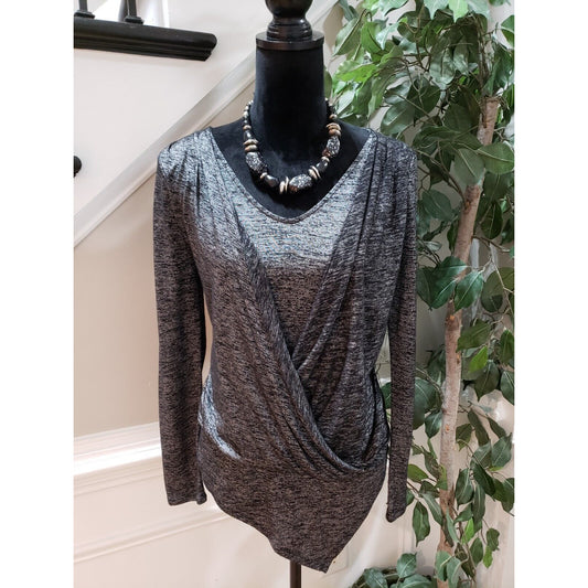 White House Black Market Women Gray Stretch Long Sleeve Round Neck Top Blouse XS