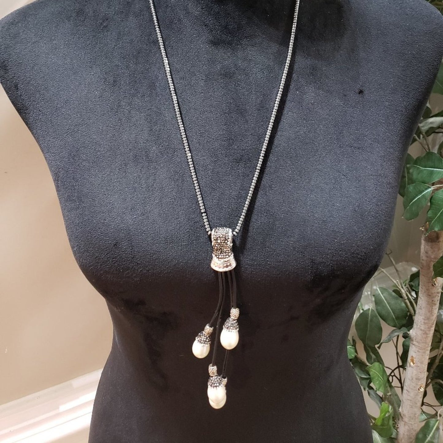 Womens Fashion Silver Bead Negligee Pendant Drop Pearl Necklace w/ Lobster Clasp