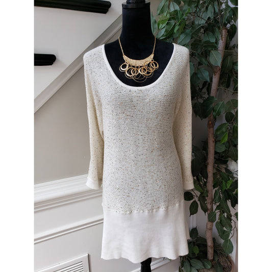 Ashley Stewart Tunic Sweater Women 18/20 White Sequin Open Knit Scoop Neck
