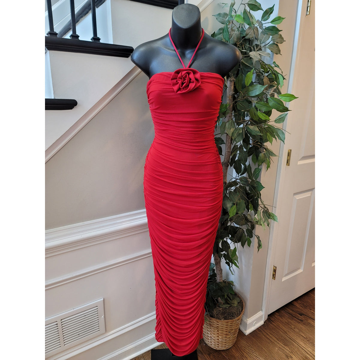 Fashion Nova Strapless Midi Dress Women's Medium Red Ruched 3D Floral Corsage