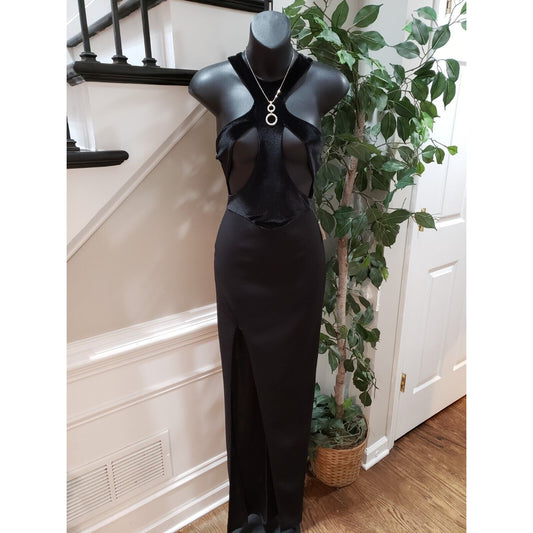 Womens Black Velvet Cut Out Back Zip Halterneck Sleeveless Long Maxi Dress Small