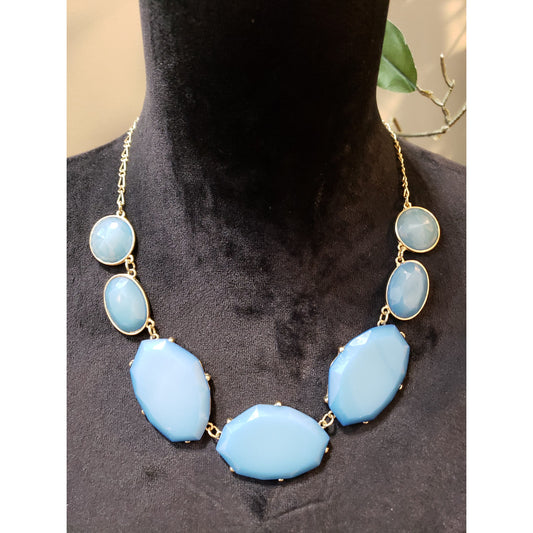 Women's Faceted Blue Statement Necklace Lobster Clasp Gold Tone Jewelry
