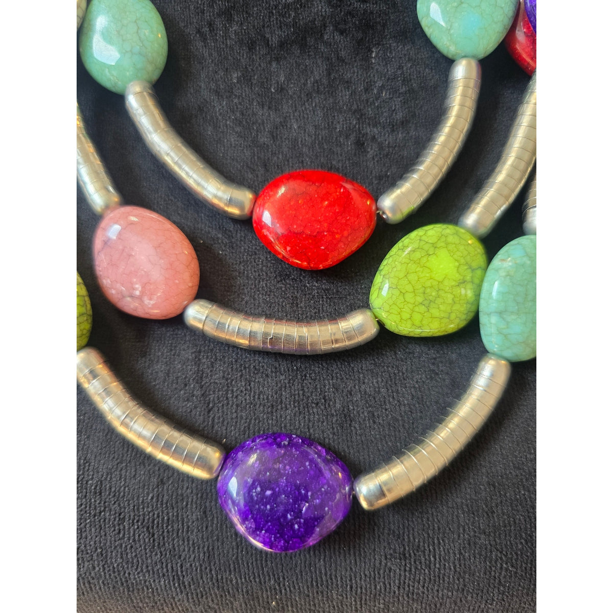 Multicolor Oval Stone Multi Strand Statement Necklace