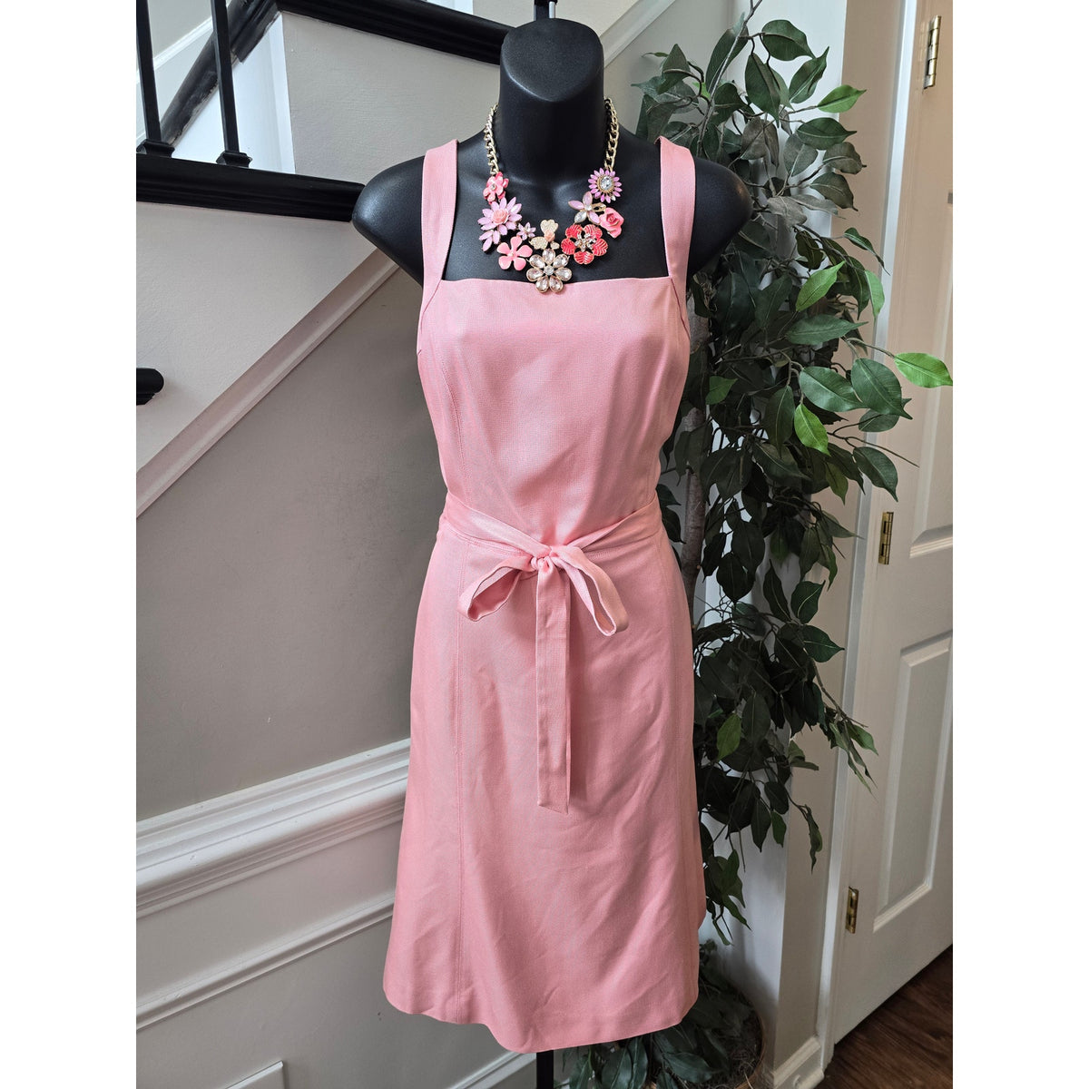 Ann Taylor Sheath Dress Women's Size 8 Pink Tie Waist Square Neck Back Zipper