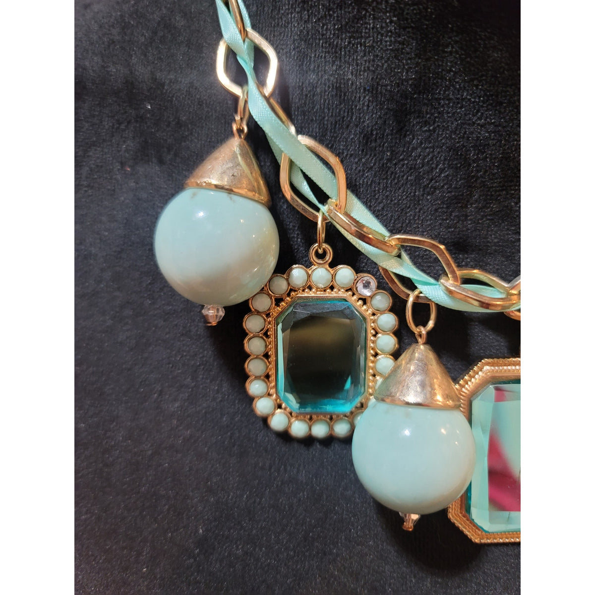 Women's Statement Chunky Bib Necklace With Blue Beads And Rectangular Gemstones