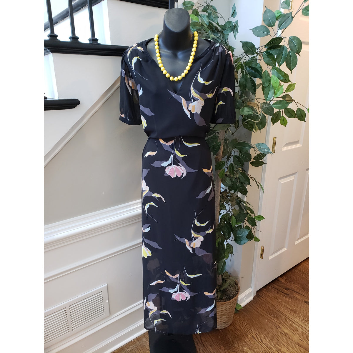 A New Day Long Maxi Dress Womens XL Black Floral Sheer Lined Short Sleeve V Neck