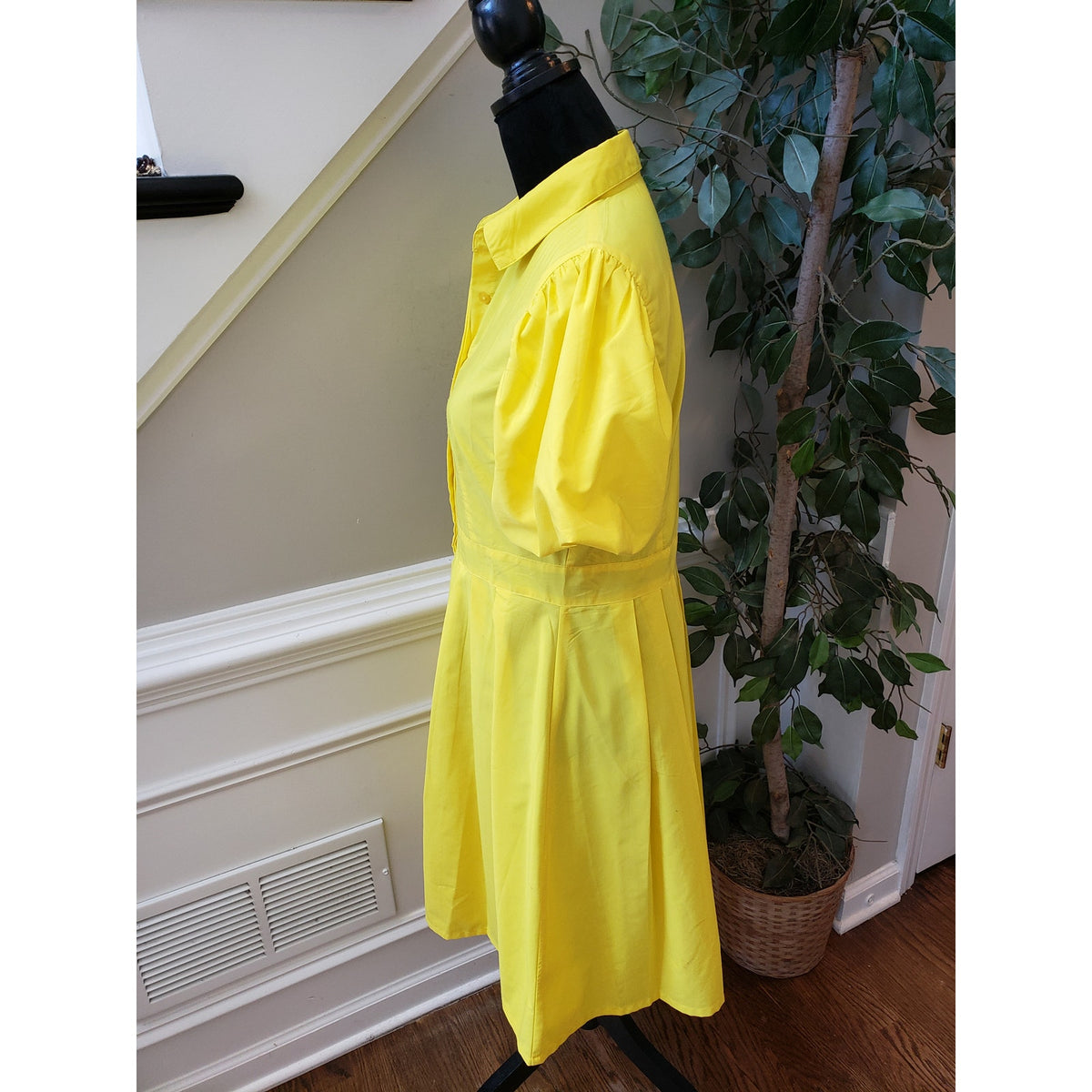 True Destiny A Line Shirt Dress Women's Large Yellow Puff Sleeve Button Down