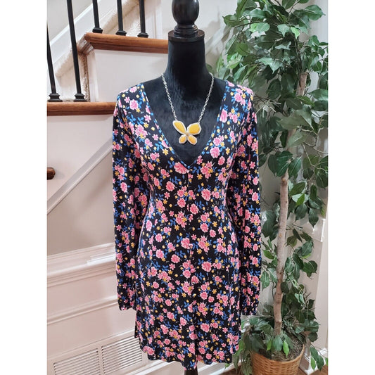 Asos Design Women Black Floral Polyester V-Neck Long Sleeve Knee Length Dress 14